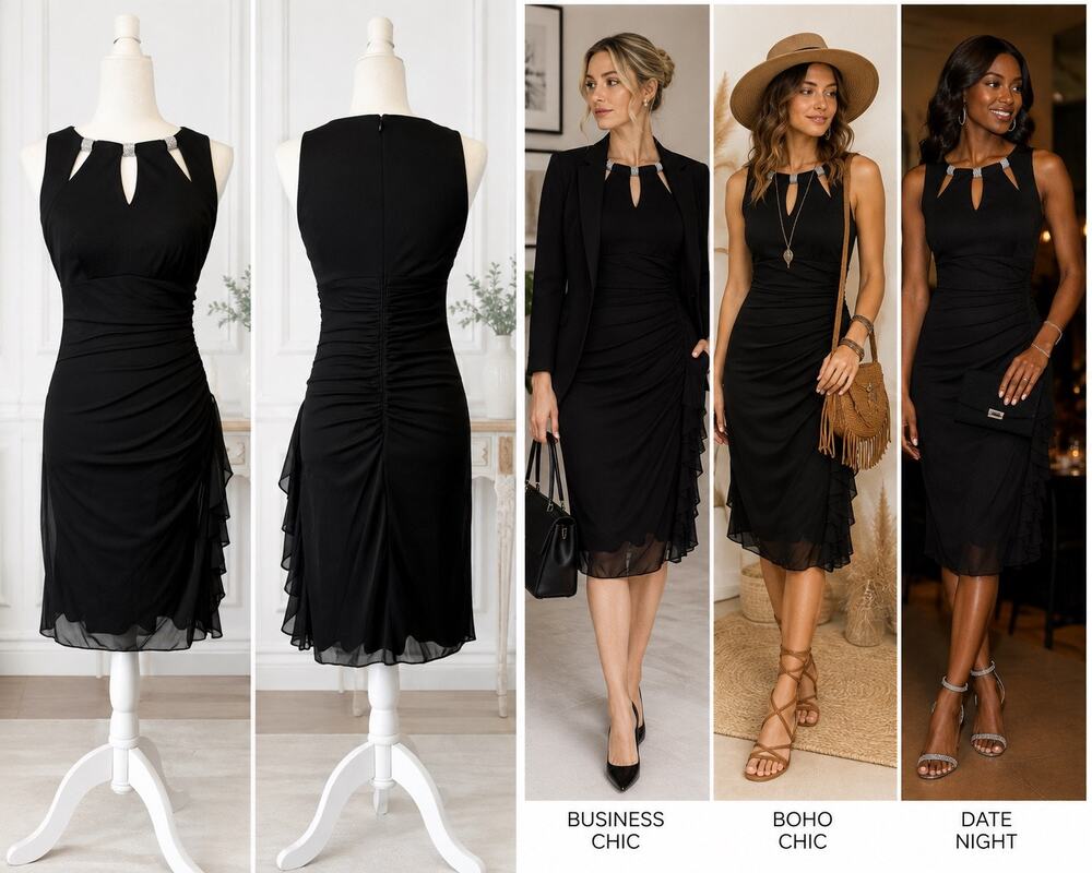 Betsy & Adam Black Cocktail Dress Size 4 Rhinestone Ruched Midi Dress